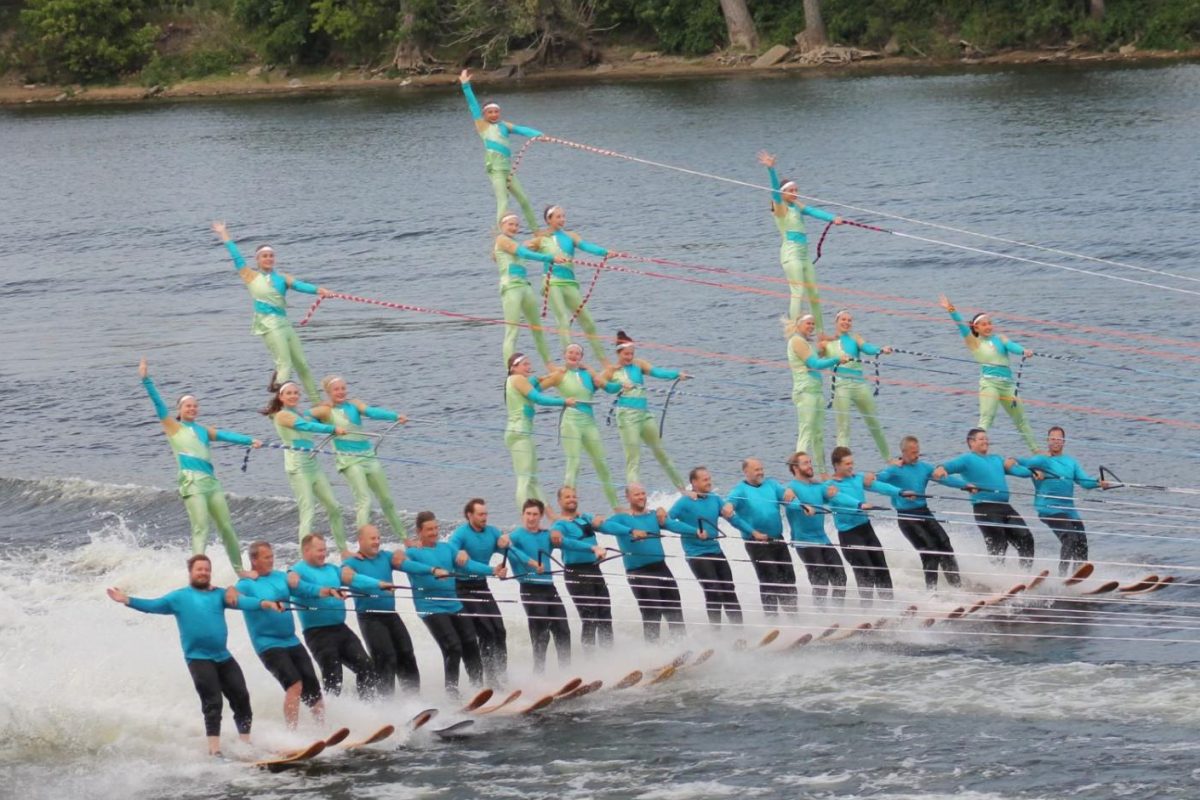 ALL SMILES. Adele Gjerde and water skiing club team, Twin Cities River Rats, perform. Water skiing is a coed sport. (Submitted by Adele Gjerde)