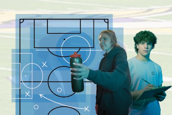 MANAGING MISSION. GVS manager Charlotte Goings and BVS manager Finn Cox assisted the soccer teams at the Bank during state finals, along with BVS players and managers Caden Burns and Kiki Sullivan. 

PHOTO ILLUSTRATION: Clara Ann Bagnoli
ILLUSTRATION: Orion Kim
