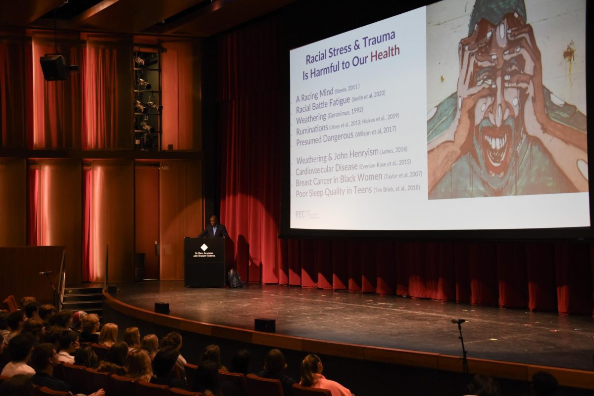 PHYSICAL IMPACT. Dr. Howard Stevenson prompted students to observe their physical responses to telling their racial stories and experiences. He also presented about the ways racial stress and trauma impact health while discussing ways to treat experiences about race. “The reality is experiences of rejection ... overtax our ability to regulate our feelings, our bodies, our thoughts, and all that affects our voice,” Stevenson said.