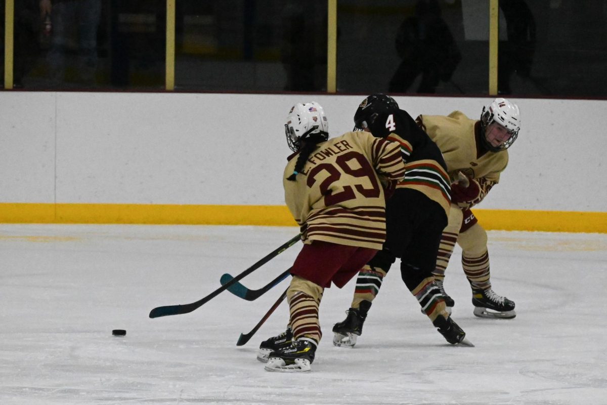 BUDGE OVER. Two players from the Lakeville South Cougars squeeze player Bailey Tilley from Burnsville in between them as all three of them skated after the puck. After a lot of pushing, the puck was picked up by the Cougars.