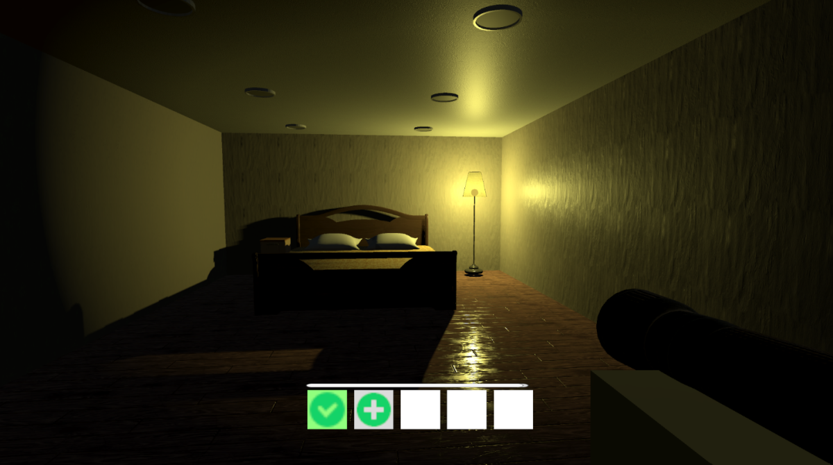 FIRST PERSON HORROR. This shot from the video game being crated shows the player going through different spooky and dingy rooms. 