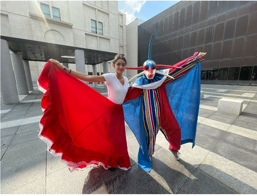 CULTURAL HARMONY. Freshman Bella Moet shows off traditional indigenous Puerto Rican attire. Moet has previously taught a traditional way of dance performed with the skirt from her outfit, called a falda. (Photo Submitted by Bella Moet)