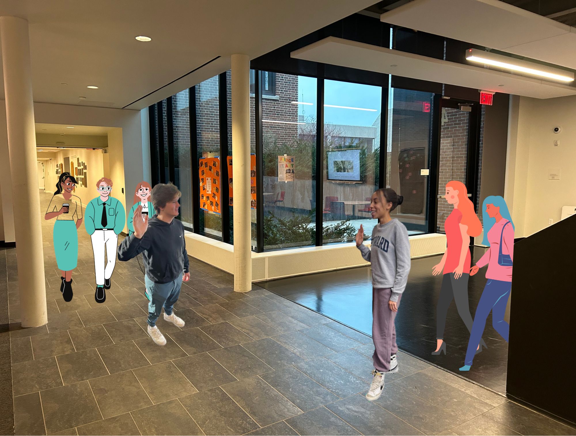 GRACIOUS GREETINGS. Senior Sam Murphy waves at junior Julia Taylor from across the hallway. Part of their job as a tour guide requires them to put on a professional front, welcoming all prospective families into the building to show them around. (Cutout images by McKinley Garner, graphic by Zimo Xie)