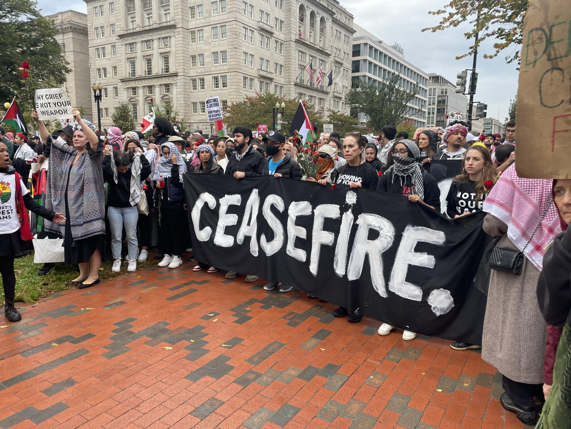 OPPOSITION TO WAR. Protesters march down Pennsylvania Ave in Washington, D.C. on Oct. 20, after President Biden requested $14.3 billion for military aid for Israel. Protesters were mainly seeking a cease-fire, but also vocalized support of Palestinians. 