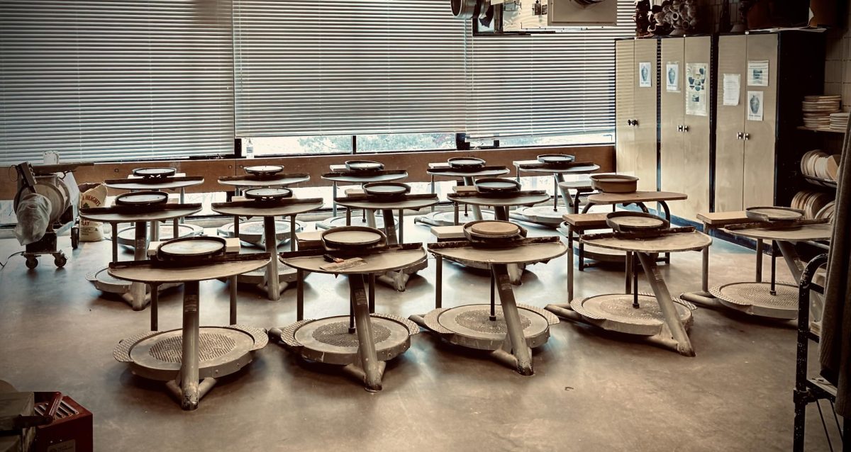 SPIN THE WHEEL. The pottery studio includes a number of potter's lathes for students to use to shape clay into round ceramic ware.