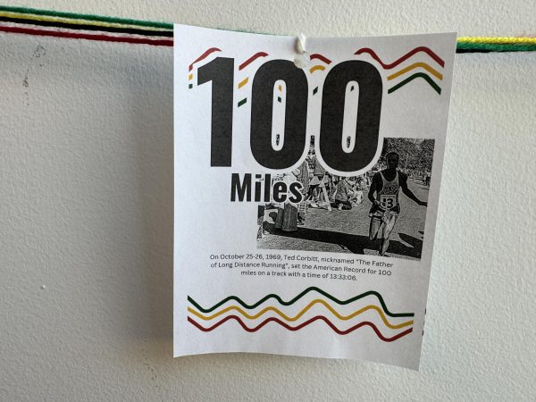 100 MILES. A poster describing how Ted Corbitt set the American record for 100 miles in 1969 is an example of how the project tells stories through numbers.