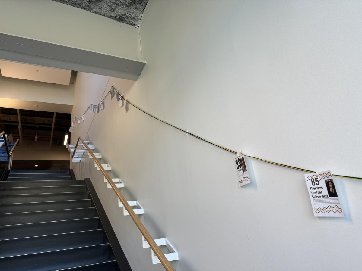 LINED ON THE WALL. The Black History Counts communal art project lines the wall of the stairs and the walls below the stairs in the Schilling Math and Science Center.