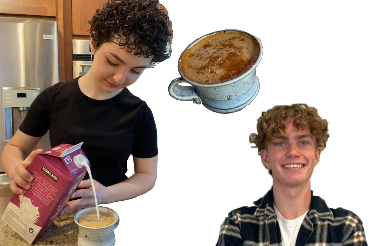 BELOVED BREWING. Junior Alba Markowitz-Mulet pours whole milk into her homemade coffee beverage, topping with coca powder and cinnamon to replicate cold foam. (Submitted photo: Alba Markowitz-Mulet, graphic: Zimo Xie)