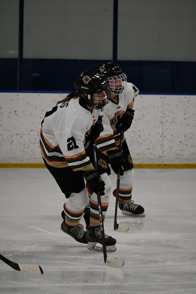 PASS THE PUCK. Captain Charlotte Goings waits for a teammate to pass to her. Goings scored 20 points this season, counting both goals and assists, and she was the only player on the Metro-South Phoenix Hockey team this year to reach 100 points. 