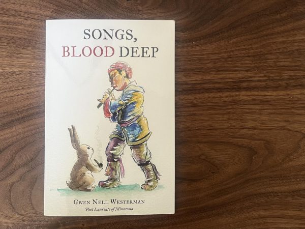 COVER ART. The cover of Songs, Blood deep illustrates a scene of a bunny smoking a pipe and a person playing the flute wearing traditional clothing.