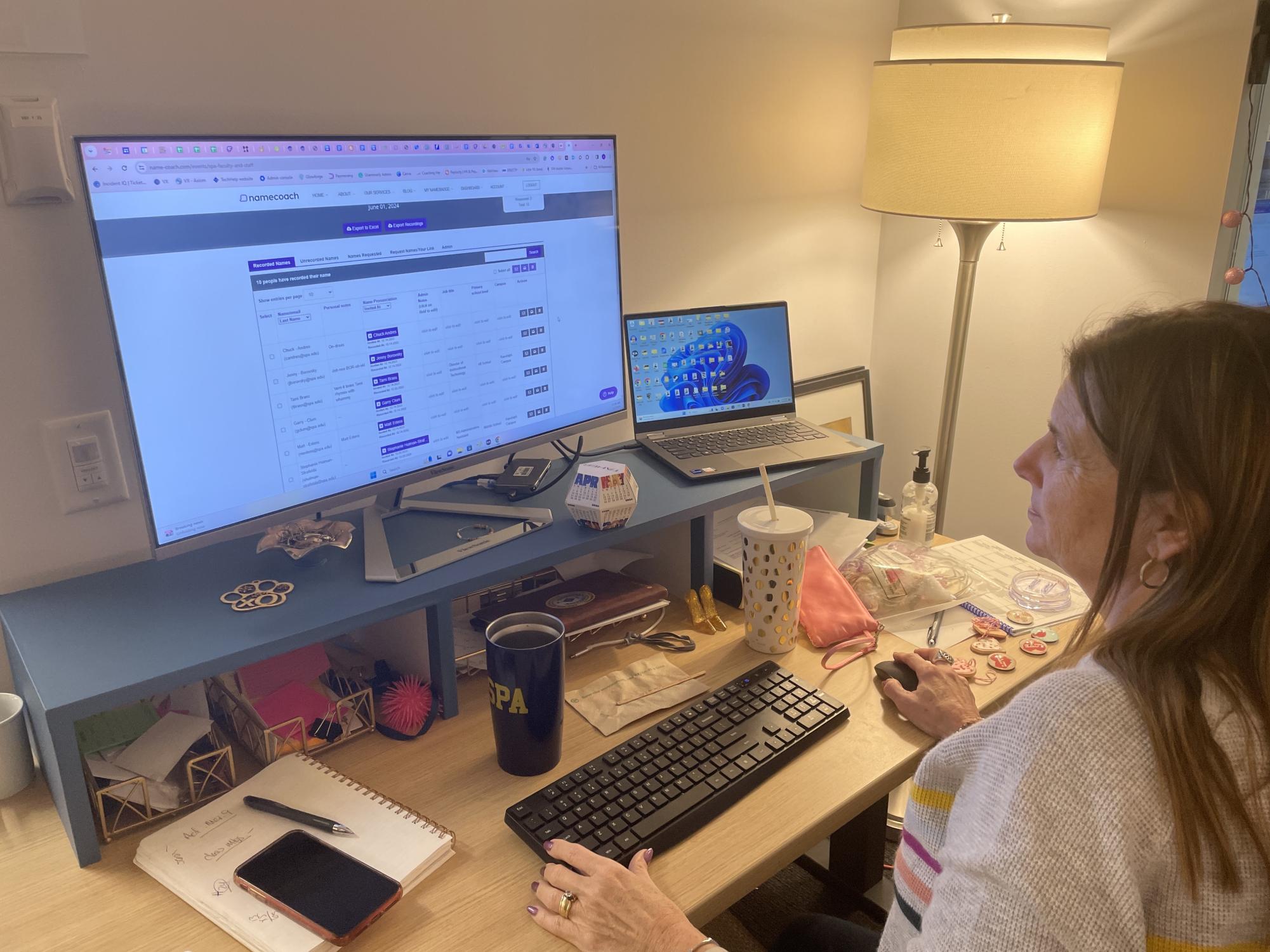 NAMECOACH IN ACTION. US Technology Coordinator Angie Kritta displays the Namecoach software that teachers began using this January. This software was tested out a few years ago by seniors. “Namecoach is a huge step in
making the community more inclusive,” Kritta said.