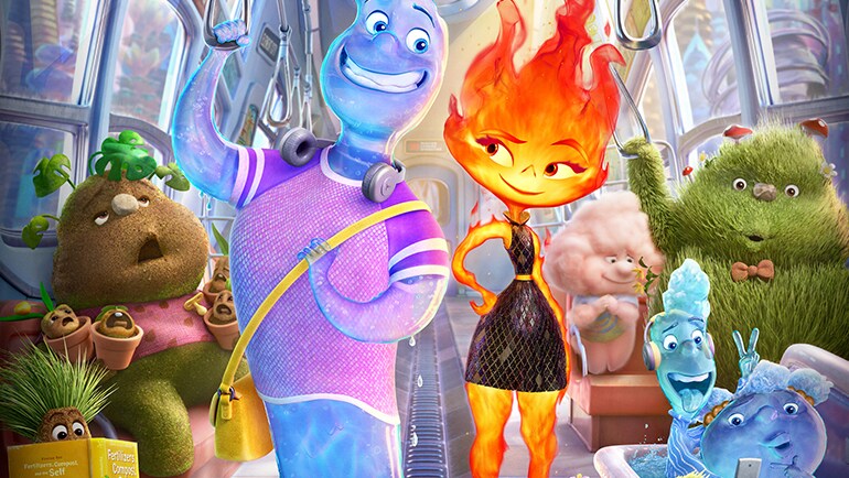 ELEMENTAL. Ember meets challenges which she overcomes with her friend Wade in the new movie. (Fair Use Image: Disney Press Kit)
