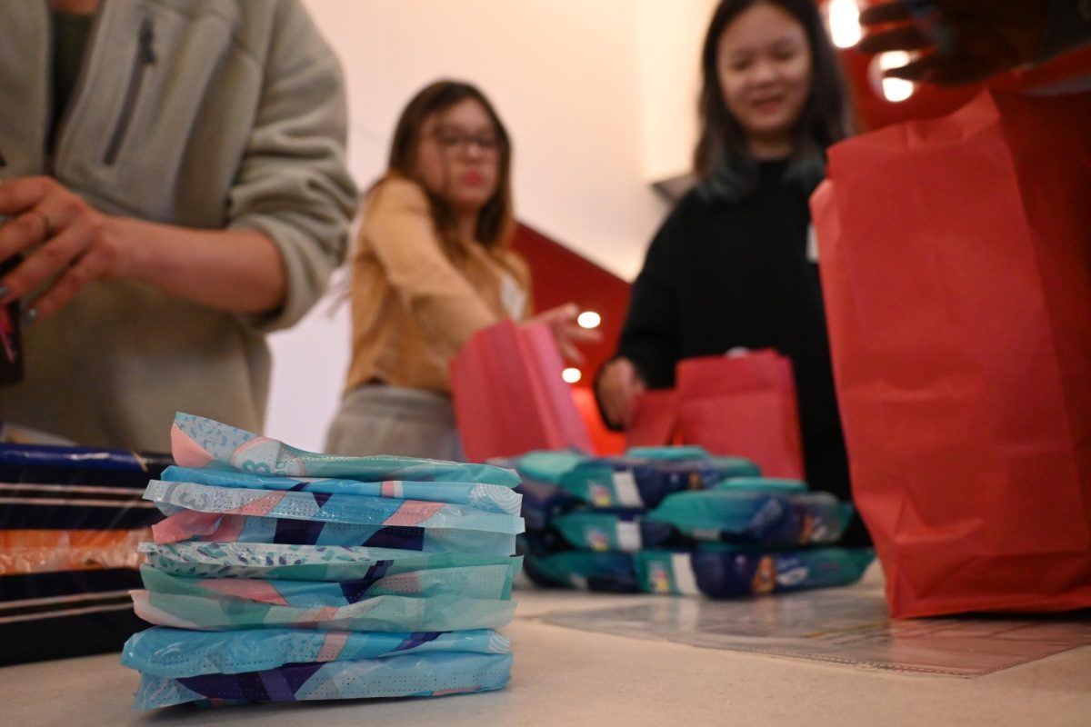 END PERIOD POVERTY. PERIOD. Students pack hygiene supplies for Period Kits MN.