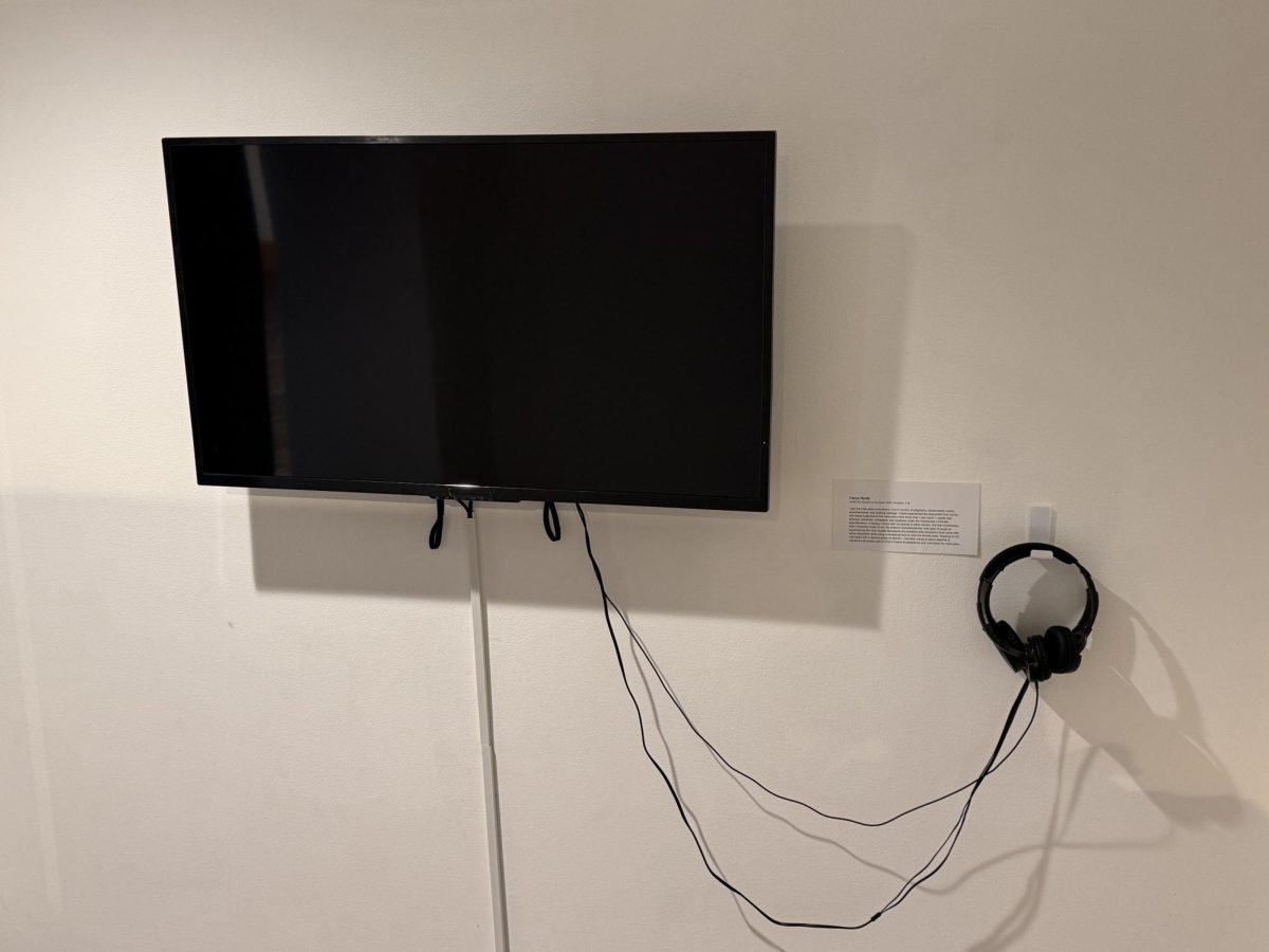 NEW MEDIA. Crays Hardy's video about the male gaze was presented on a TV and headphones to have a visual and auditory experience.