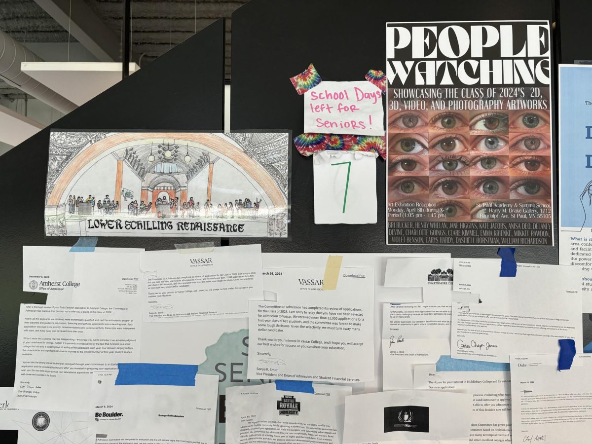 SAYING GOODBYE. The senior-decorated stairway wall in Lower Schilling displays a college rejection board, a hand drawn image of the common area and a countdown of the days left of school, among other things. With one week left, leaving well means focusing on gratitude and joy. 