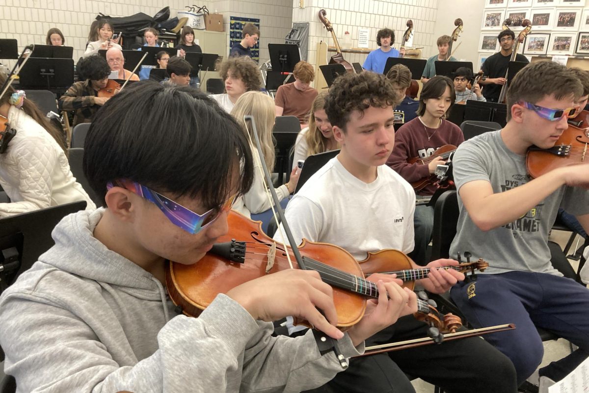 JUST WANNA HAVE FUN. Junior Mason Hang and senior Maik Nguyen attempt to practice pieces for the orchestra concert in their ISO-approved glasses. 