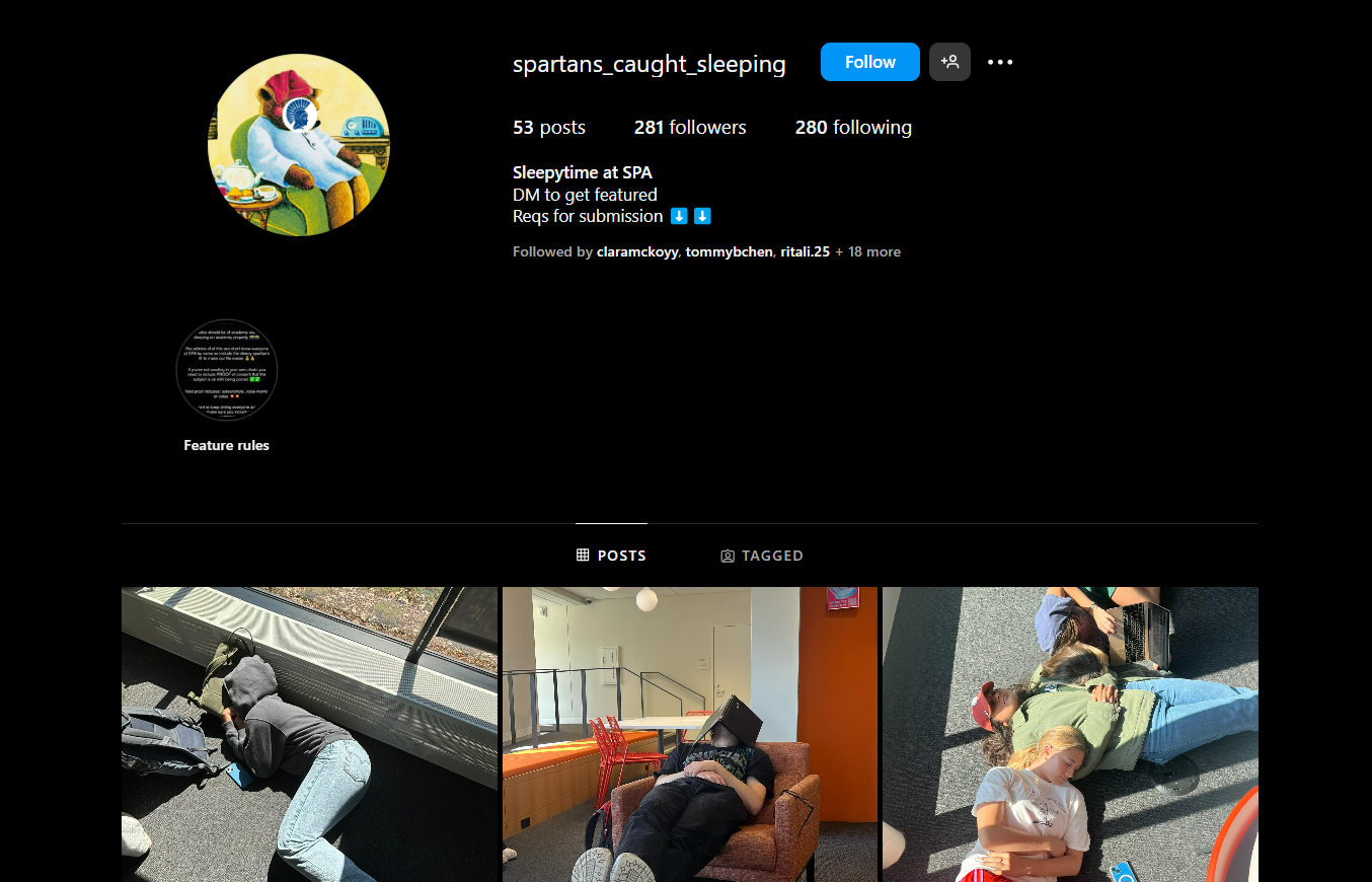 SLEEPYTIME. Senior Bridget Keel runs the @spartans_caught_sleeping account on Instagram, posting pictures of students napping or laying down around the SPA campus. As she runs the account, she is careful to abide by SPA's rules on photographing and posting students images online, and requires explicit consent from the students in the photos before posting. (Screenshot from Instagram) 