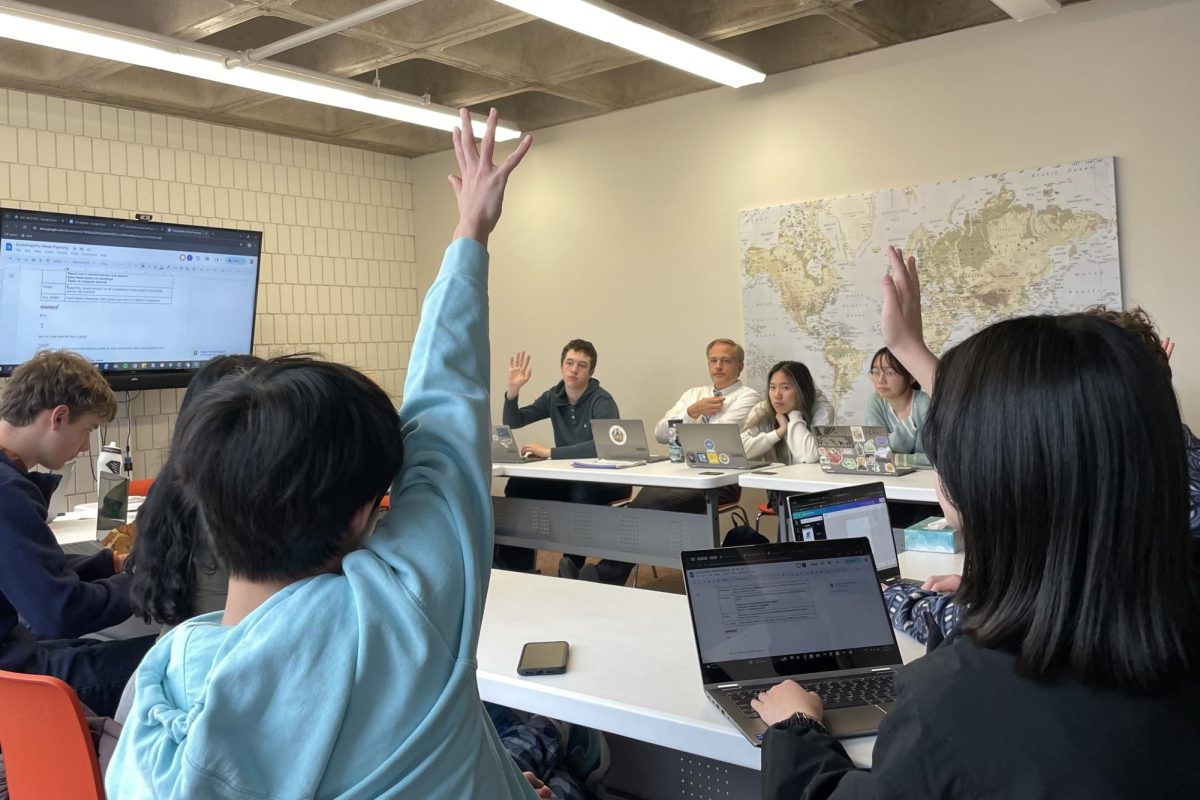 SUSTAINING SPA. After implementing Meatless Wednesday, the Upper School Council (USC) moves towards planning Earth Week. USC members raise their hands to volunteer to run various stations and activities throughout the week.