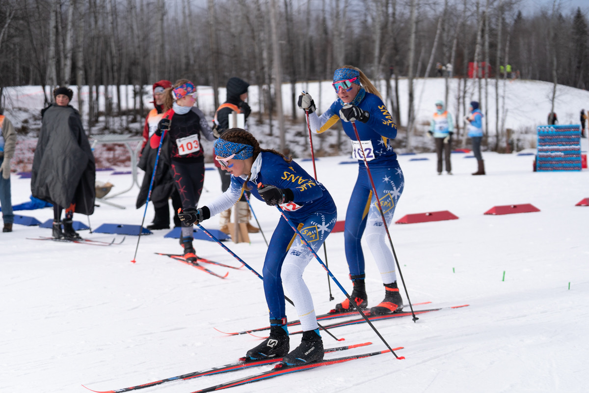 DREAM TEAM. Relay team of junior Inga Wing and freshman Eleanor Mody ski side by side at the state Nordic meet. The team qualified for state with their relay getting first in sections. Mody said, “It made me happy to see the season finally come together.” SUBMITTED PHOTO: Inga Wing