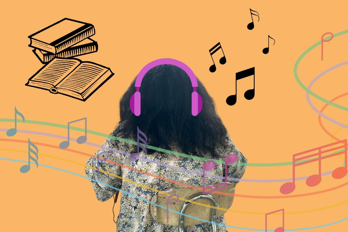 TUNING IN. Sophomore Lucille Brooks listen to music as she studies in the art wing. Listening to music while studying be motivating and reduce stress. It is worth giving a try this exam season. (Graphic by Zimo Xie) 