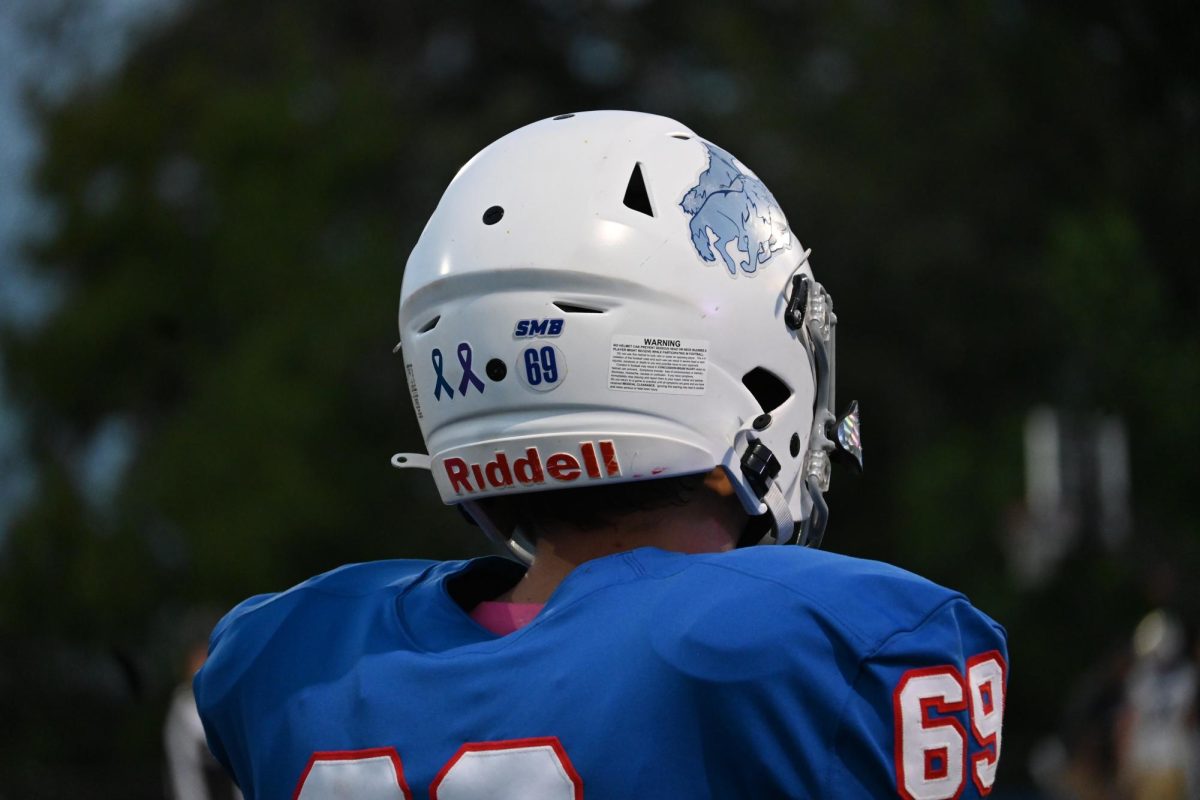 RIBBONS FOR AWARENESS. The Wolfpack came out with cancer ribbon stickers. Junior Fletcher Coblentz said "we put the stickers on before every Tackle Cancer game and leave them on for the rest of the season."