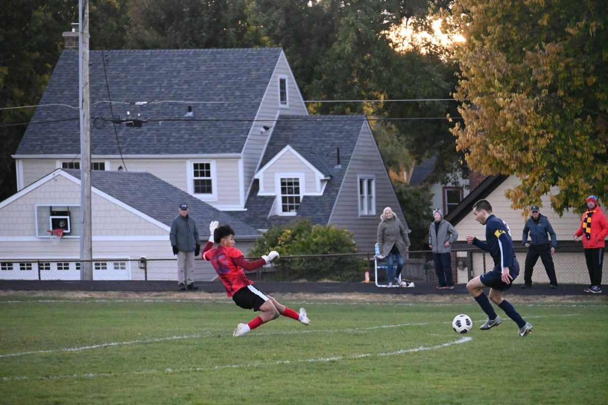 ALL ALONE. Liam Sullivan (‘25) breaks through the Hiawatha back line and masterfully maneuvers around the goalkeeper. A defender was able to get back just in time to poke the ball away from Sullivan, an unlucky turn of events that cost the Spartans what would have been a 1-0 lead.