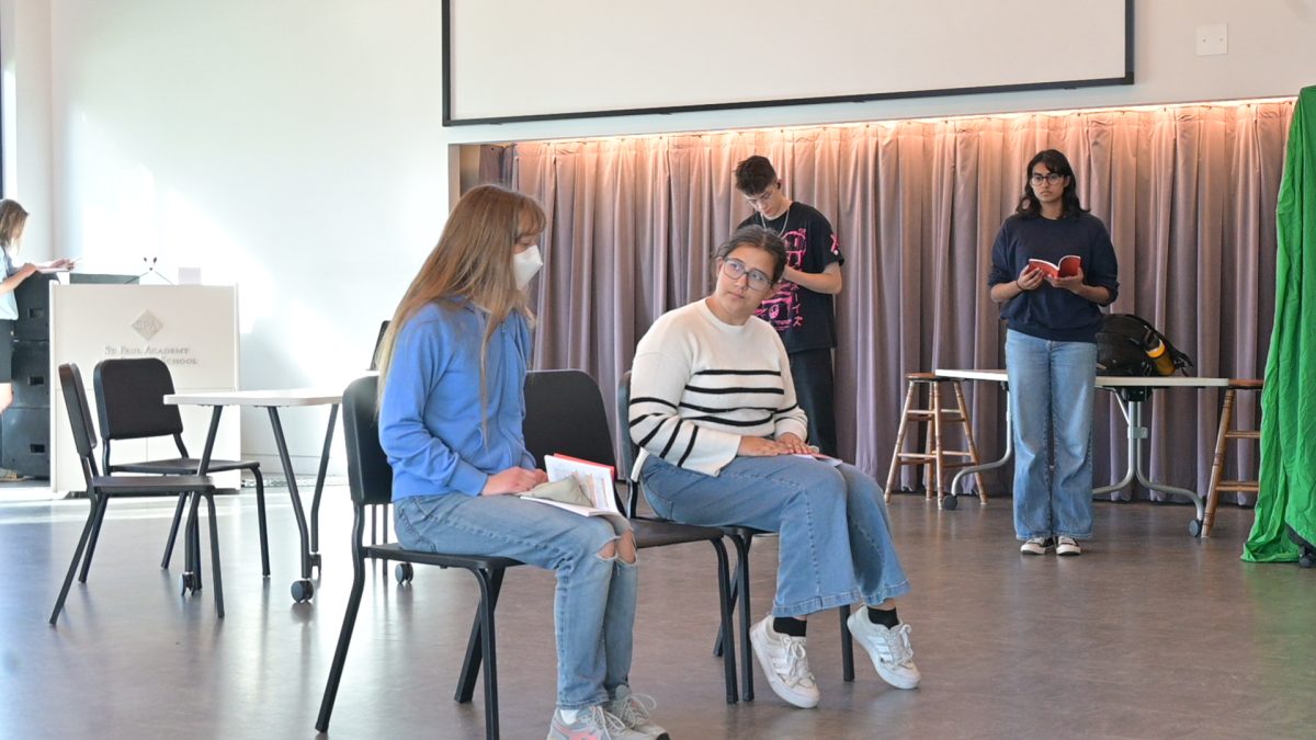 MOM ENERGY. Madeline Kim, who plays Mrs. Gibbs, and Grace Medrano, who plays Mrs. Webb, run lines during one of their scenes as the matriarchs of their families.