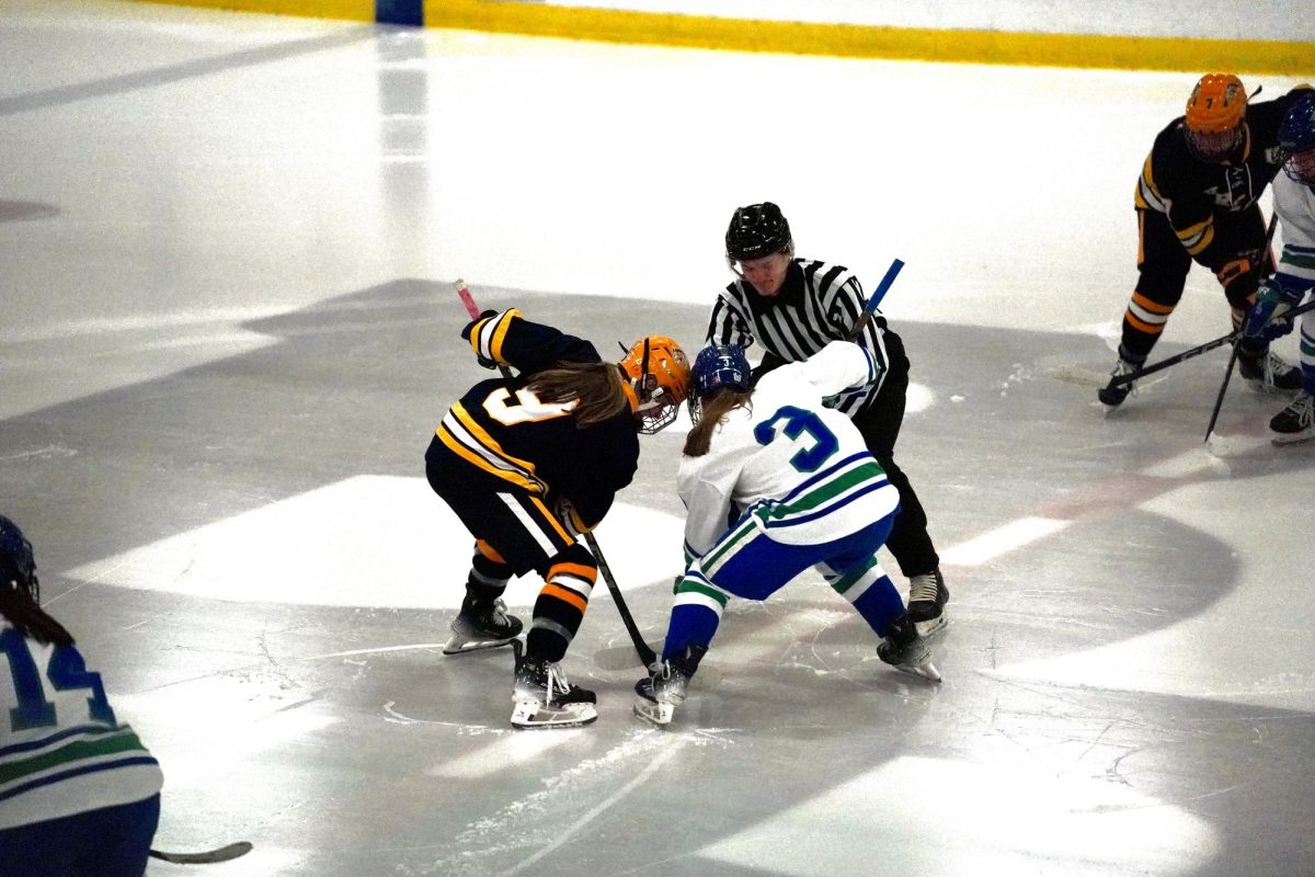PUCK DROP. Ninth grader Callie Arthur, a member of Blake's girls' hockey team, takes the face off against Breck.