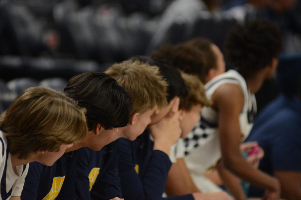 INVESTED. The bench watches as a one of the players has a fast break.