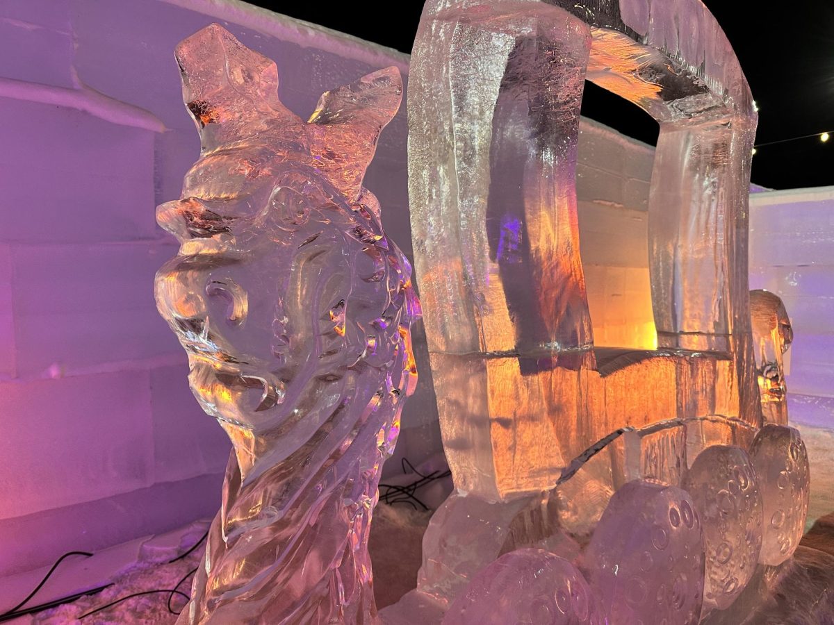 DETAIL. A close-up view of an ice sculpture with a cut out for people to pose in. Pay attention to the sculpture's detail!