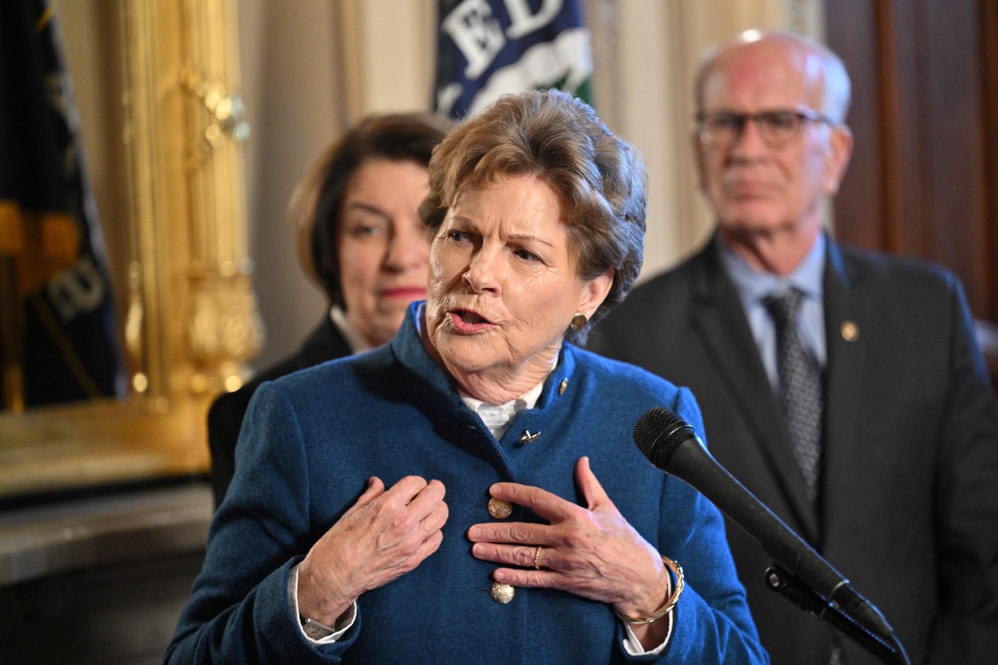 U.S. Senator Jeanne Shaheen (D-NH) speaks during a press conference with fellow Democratic senators calling on the Trump administration to continue Medicare drug price negotiations on Capitol Hill in Washington, U.S., January 22, 2025. REUTERS/Jon Cherry