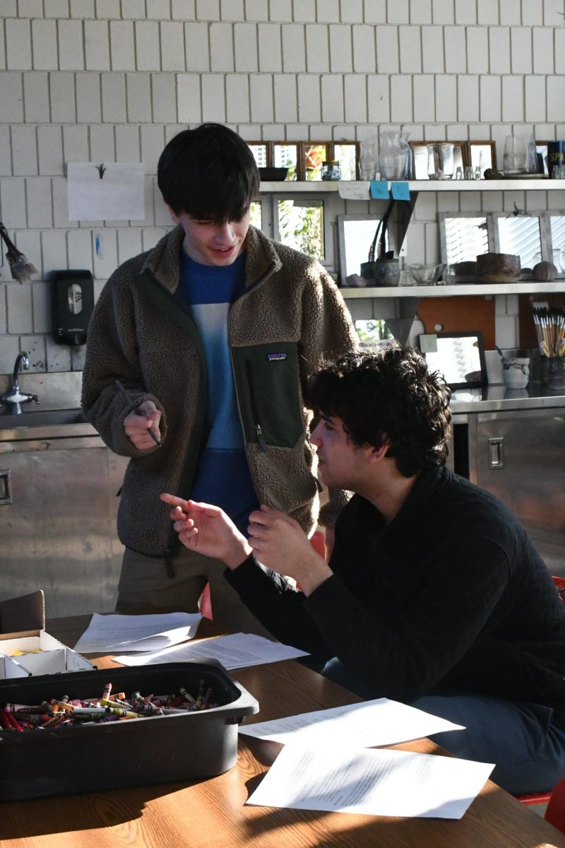 REHERSAL. Juniors Ryan Kari and Roman Farley rehearse their lines for "Hippo Talk."