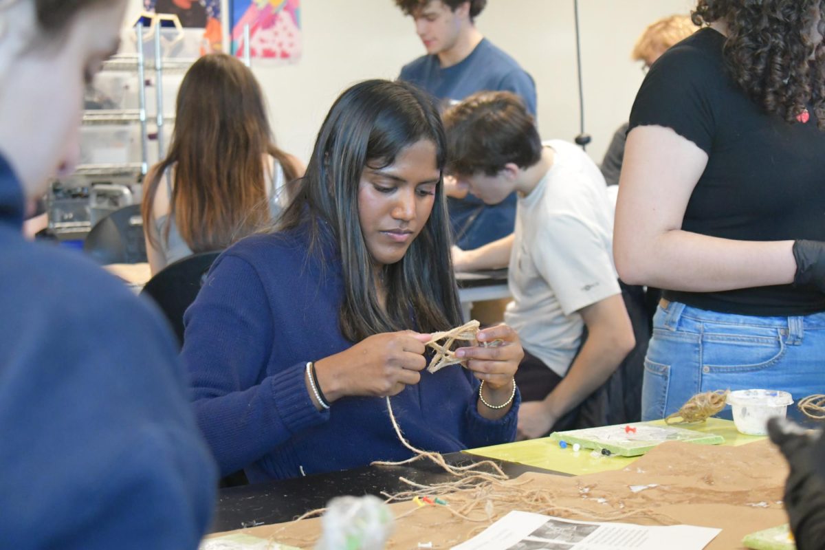 STELLAR WORK. In the design lab, junior Sona Jain repeatedly wraps twine around itself to form a star.
