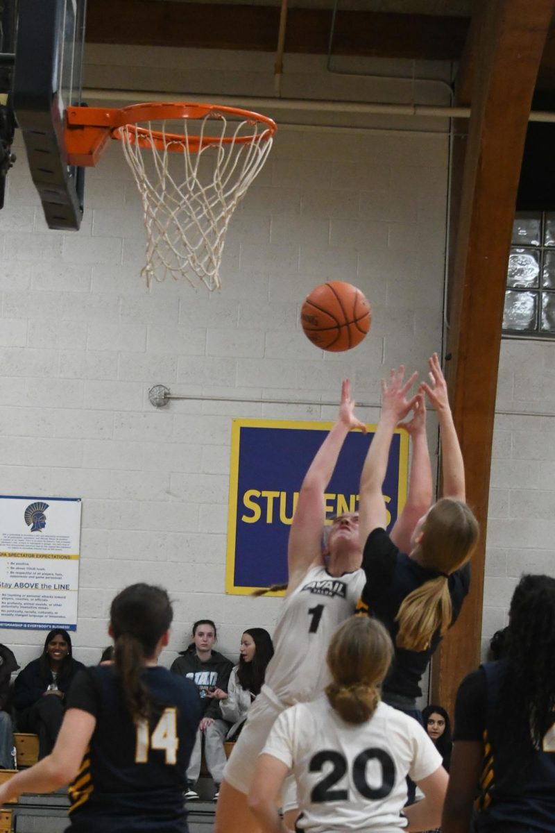 VEERED OFF TRACK. Freshman Clara Lovelace jumped as soon as Avail Academy player number 1 shot the ball to block the ball.