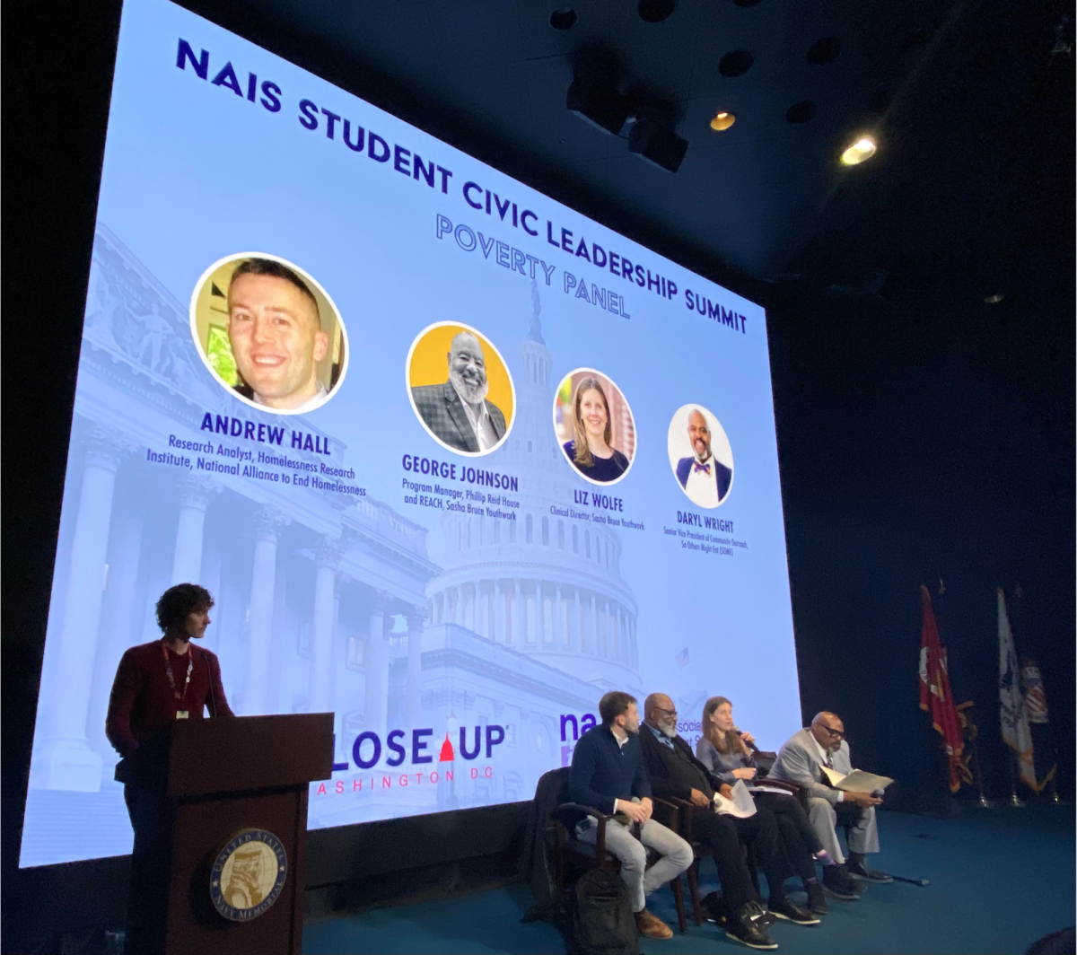 PANEL. Andrew Hall, George Johnson, Liz Wolfe and Daryl Wright speak about their experiences and their advice about how to combat poverty.