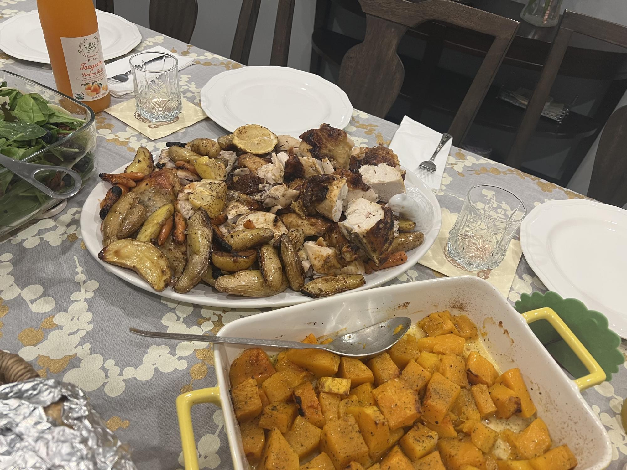 APPETIZERS. Roasted potatoes and mixed vegetables and bowl with baked squash. (Submitted by Zahra Sait)