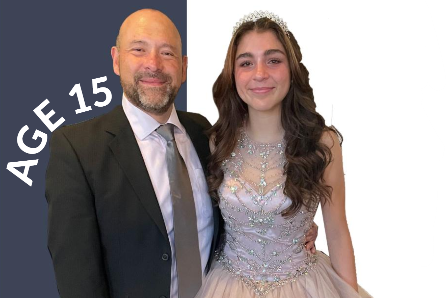 FESTIVE FIFTEEN. Junior Lucia Gonzalez poses with her father in her ballgown for her quinceanera celebration. At first, Gonzalez was hesitant to celebrate her coming of age with an quinceanera, however, she later decided to embrace the tradition.