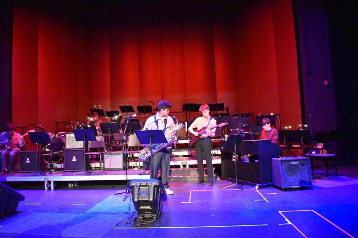 QUARTET TO QUINTET. 
The Juan Miguel Quartet transformed into a Quintet with the addition of junior Josh Melchert on the electric guitar, along with juniors Ryan Kari on the bass, Juan Miguel Adams on the baritone saxophone, Howard Huelster on the drums and Roman Farley on the keyboard. 