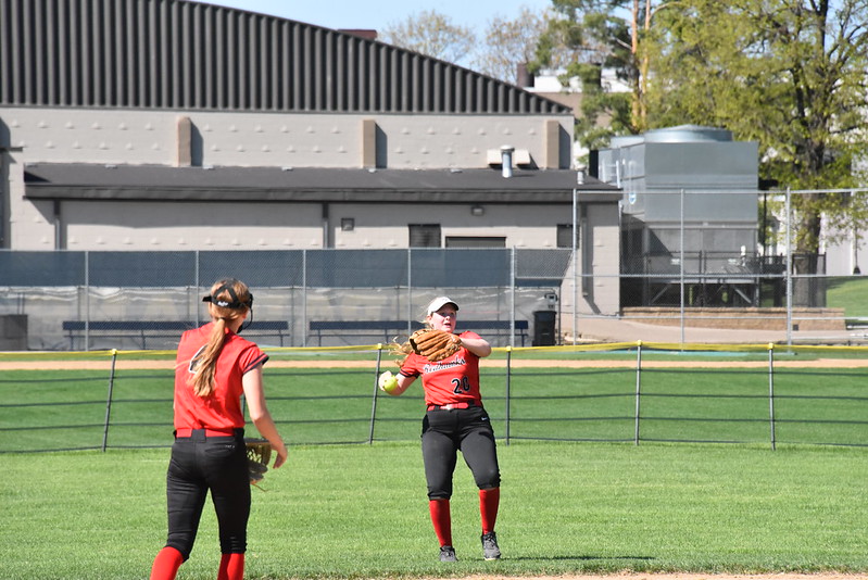 SHE’S A CATCH: Right Fielder Juliette Smith throws the ball back to the pitcher after catching a flyball. She continued to make multiple more great defensive plays that minimized Breck’s chances to run.