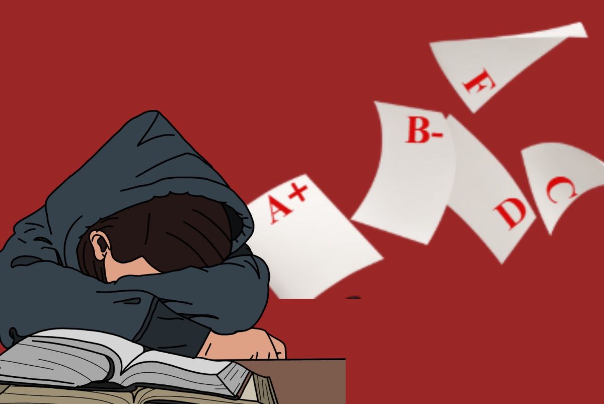 NEVER ENOUGH. Grades create a toxic cycle that detract from the whole purpose of education: learning. (Image made on Canva using Realistic Flying Pages by klyaksun, and Sleeping Student while Studying by Headeartands)