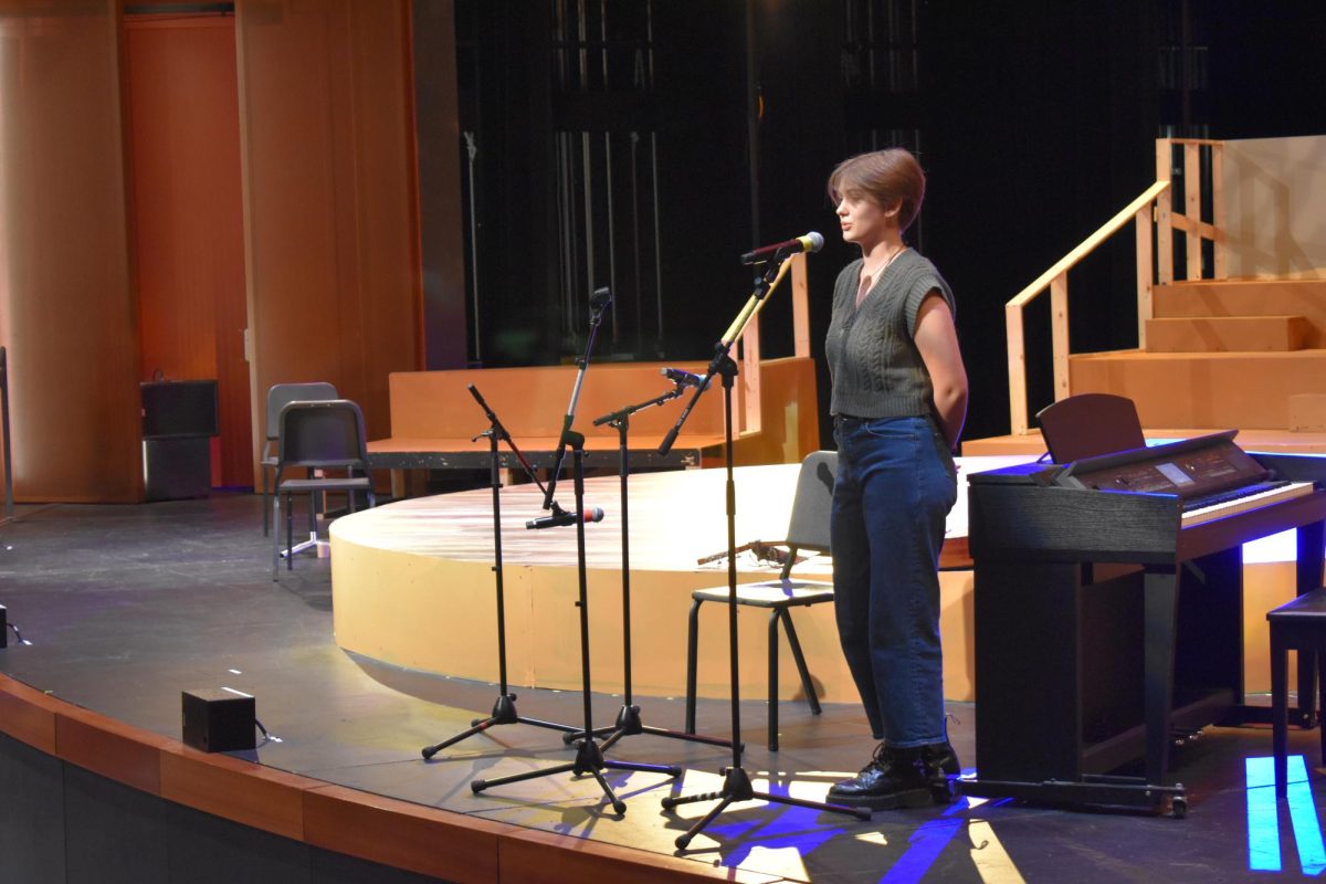 SUPER SINGER. Sophomore Anneli Wilson sings Paper Bag by Fiona Apple while yellow blue and green lights shine above.