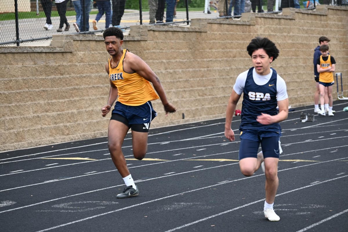 SPEEDY. Ninth-grader Keian Bietz flies out of his blocks in his heat of two racers. He won.