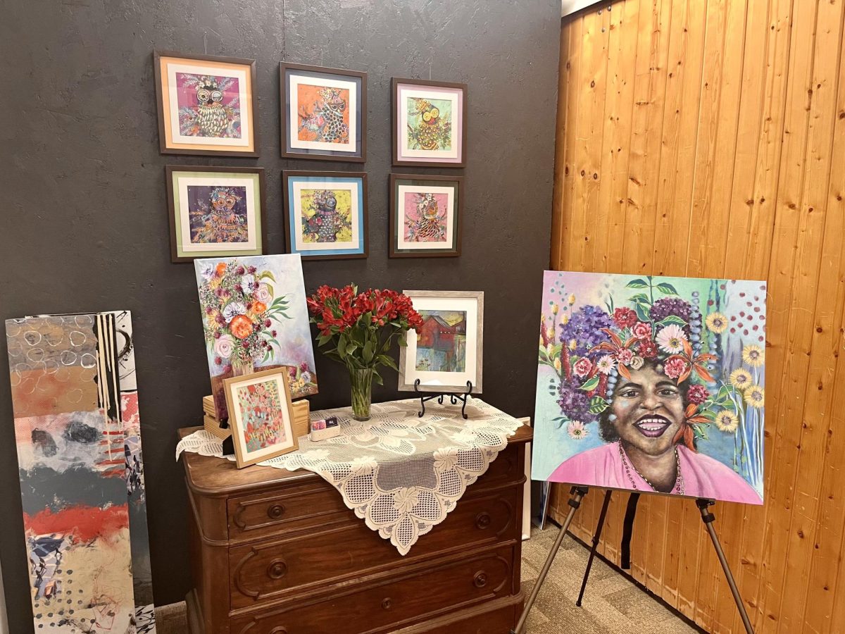 CREATIVE CORNER. These colorful pieces are located in the corner of the art exhibit at ArT at 967 Payne. 