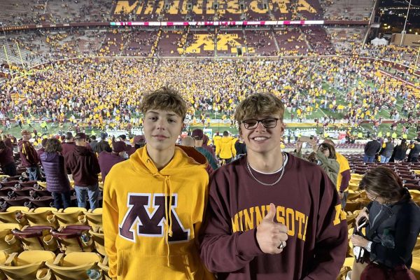 TRANSATLANTIC FRIENDSHIP. Sophomore Elliot Pierach and his exchange partner from Heisenberg Gymnasium, Samuel Becker, pose at an event at the U of M in the fall. (Photo submitted by Elliot Pierach)