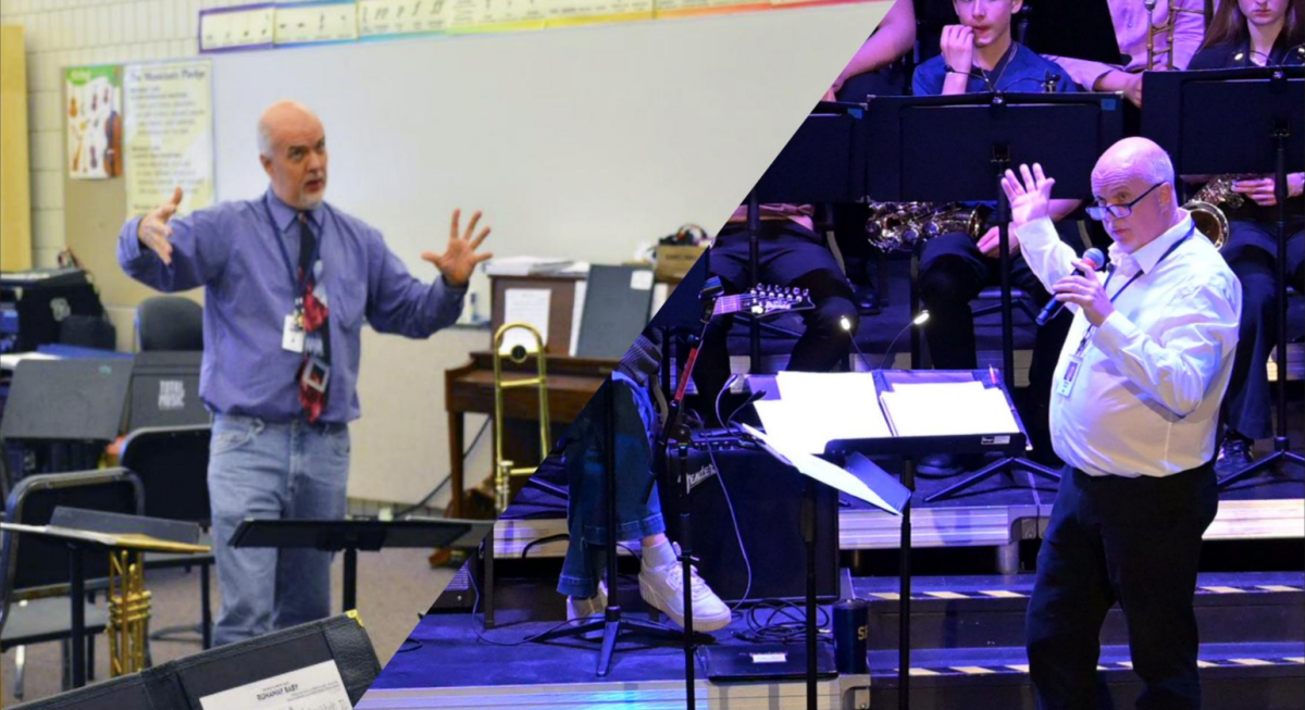 LASTING LEGACY. Director of Bands Randy Reid conducts in the band room and on the Huss Stage. Reid has spent ten years teaching a inspiring the next generations of musicians through both middle and upper school. “I want the program to stay at least as strong as it was, and if it can get stronger, that’s even better … I would like to be able to come back next year or the year after, come listen to a concert and think, ‘Oh, those guys are good,’” Reid said. (PHOTOS: Diane Caravela (2015) and Via Campbell (2025))