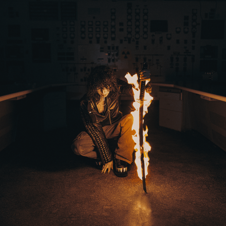 CHAOS. The album cover for "Revengeseekerz" displays Jane holding a katana on fire. Despite seemingly having nothing to do with the album, it acts as a symbol for the music's lawless nature (Fair use image from deadAir records).