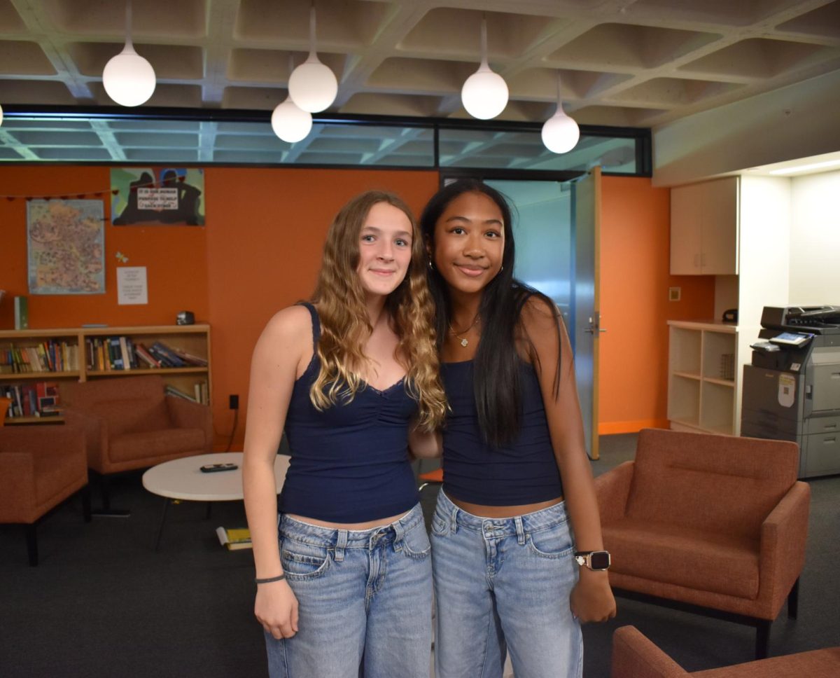 DOUBLE TROUBLE. "We both had navy blue tank tops and jeans so that's why we decided to wear this", 9th graders Keisha Fowowe and Olivia George said when explaining how they came up with their outfit. 