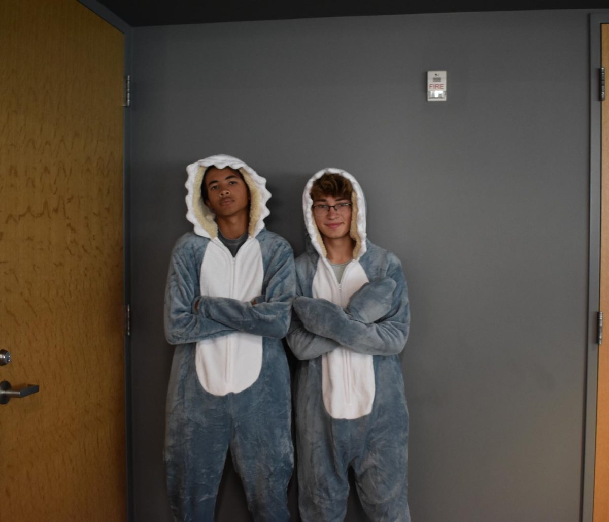 FINS & TWINS. Juniors Leo Johnson and Quentin Sentz rock their matching shark suits, really stealing the spotlight with their unique idea for twin day.