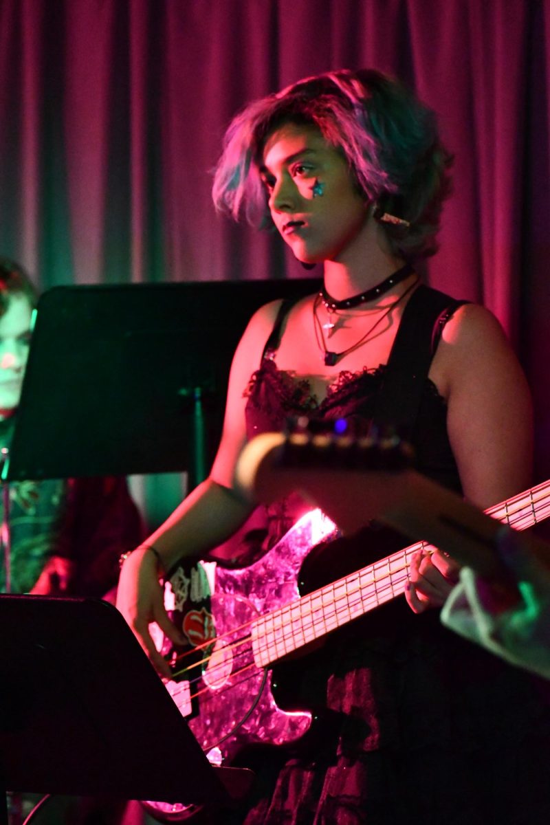 PURPLE SPOTLIGHT. Senior Sam Ray plays the bass guitar for Purple Weekend. 