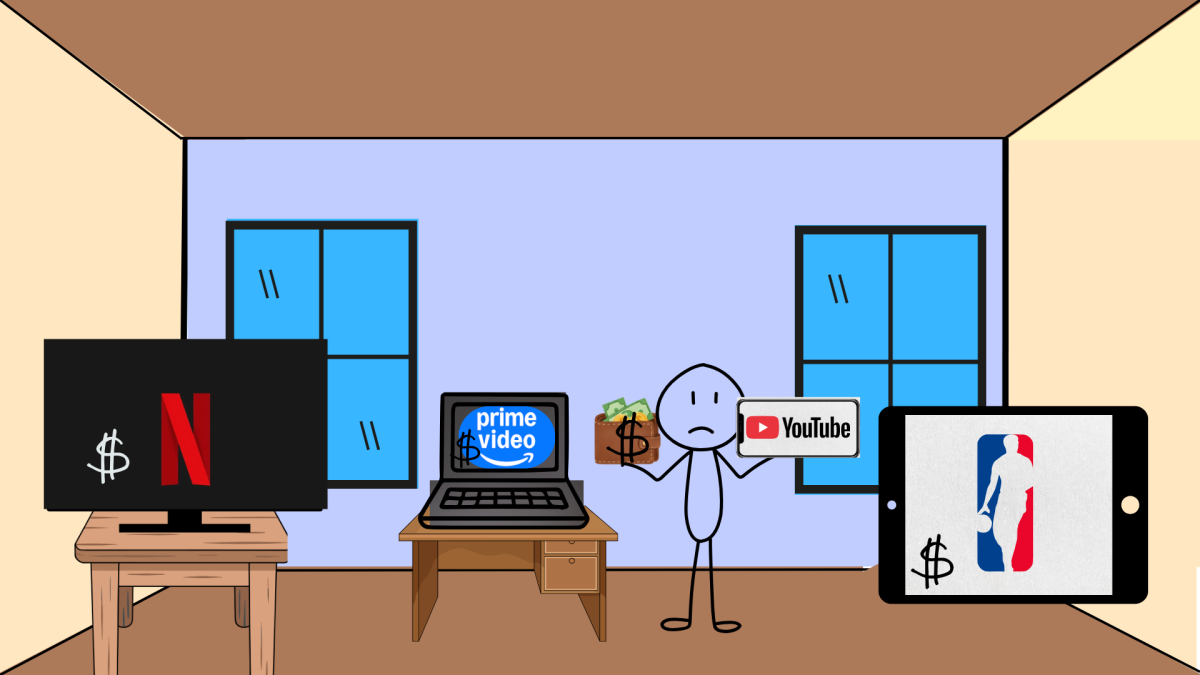 SUBSCRIPTION OVERLOAD. Trying to keep up with every streaming service leaves people drowning in more subscriptions than they can count. (Image created using Canva)